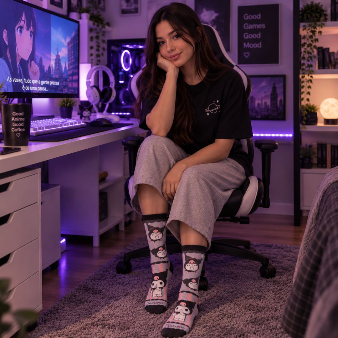Meia Kuromi Sanrio Tam Único Adulto Roxa Cano Alto Confortável Inverno Presente Feminina - Imagem 3