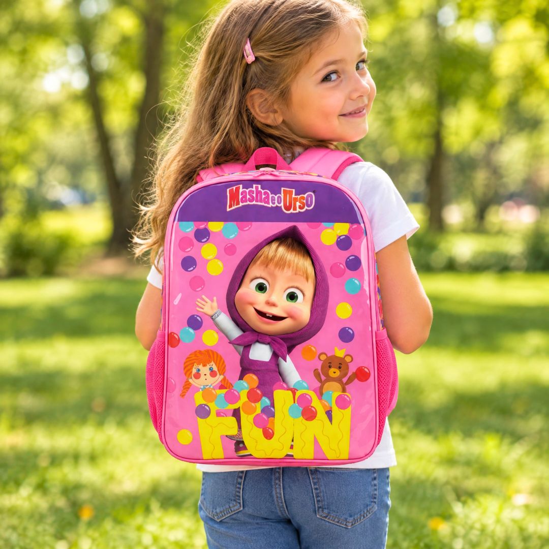 Mochila de Costas Masha e Urso Rosa Infantil Menina Escola Criança Estudo Presente Aula Desenho Animado - Imagem 3