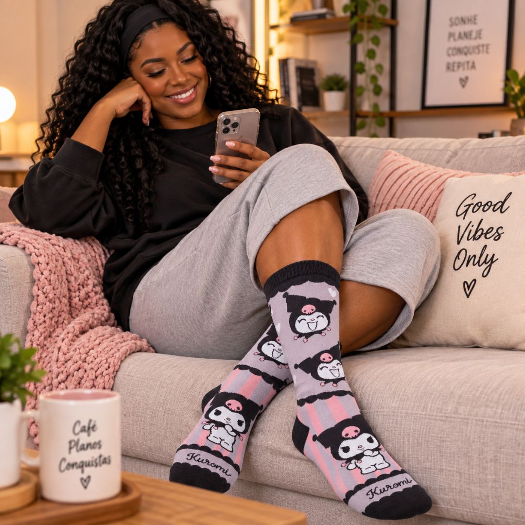 Meia Kuromi Sanrio Tam Único Adulto Roxa Cano Alto Confortável Inverno Presente Feminina - Imagem 4