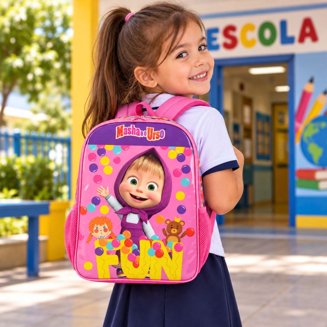 Mochila de Costas Masha e Urso Rosa Infantil Menina Escola Criança Estudo Presente Aula Desenho Animado - Imagem 4