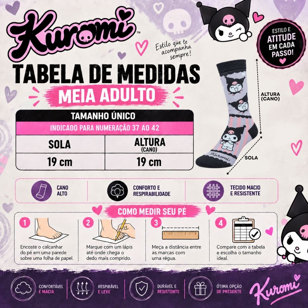 Meia Kuromi Sanrio Tam Único Adulto Roxa Cano Alto Confortável Inverno Presente Feminina - Imagem 5