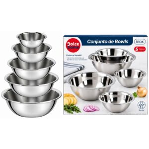 Conjunto de Bowls 5 Peças Aço Inox Servir Alimentos Cozinha Multiuso Tigelas Preparar Receitas