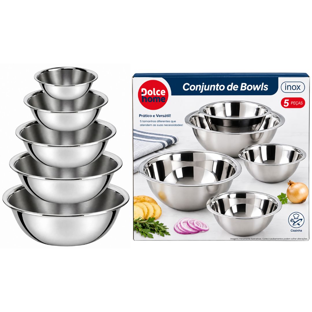 Conjunto de Bowls 5 Peças Aço Inox Servir Alimentos Cozinha Multiuso Tigelas Preparar Receitas