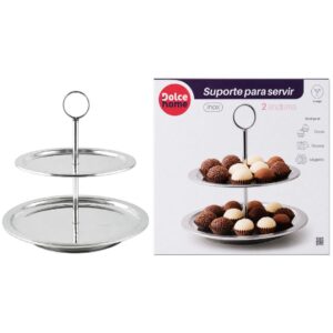 Suporte para Servir 2 Andares Inox Bandeja Doces Salgados Petiscos Festa Mesa Posta Decoração