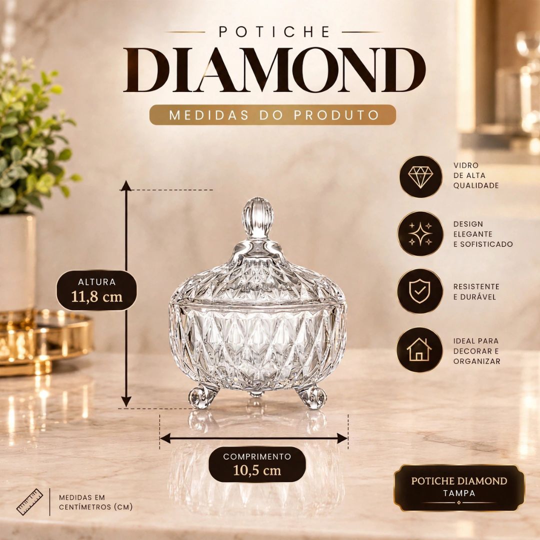 Potiche Diamond Vidro Tampa Bomboniere Decoração Sala Mesa Posta Pote Decorativo Enfeite Elegante - Imagem 6
