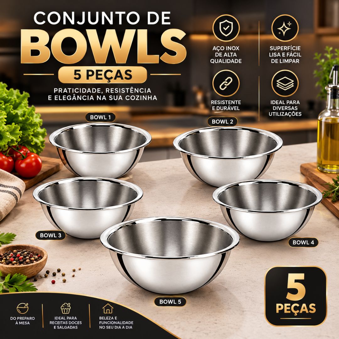 Conjunto de Bowls 5 Peças Aço Inox Servir Alimentos Cozinha Multiuso Tigelas Preparar Receitas - Imagem 2