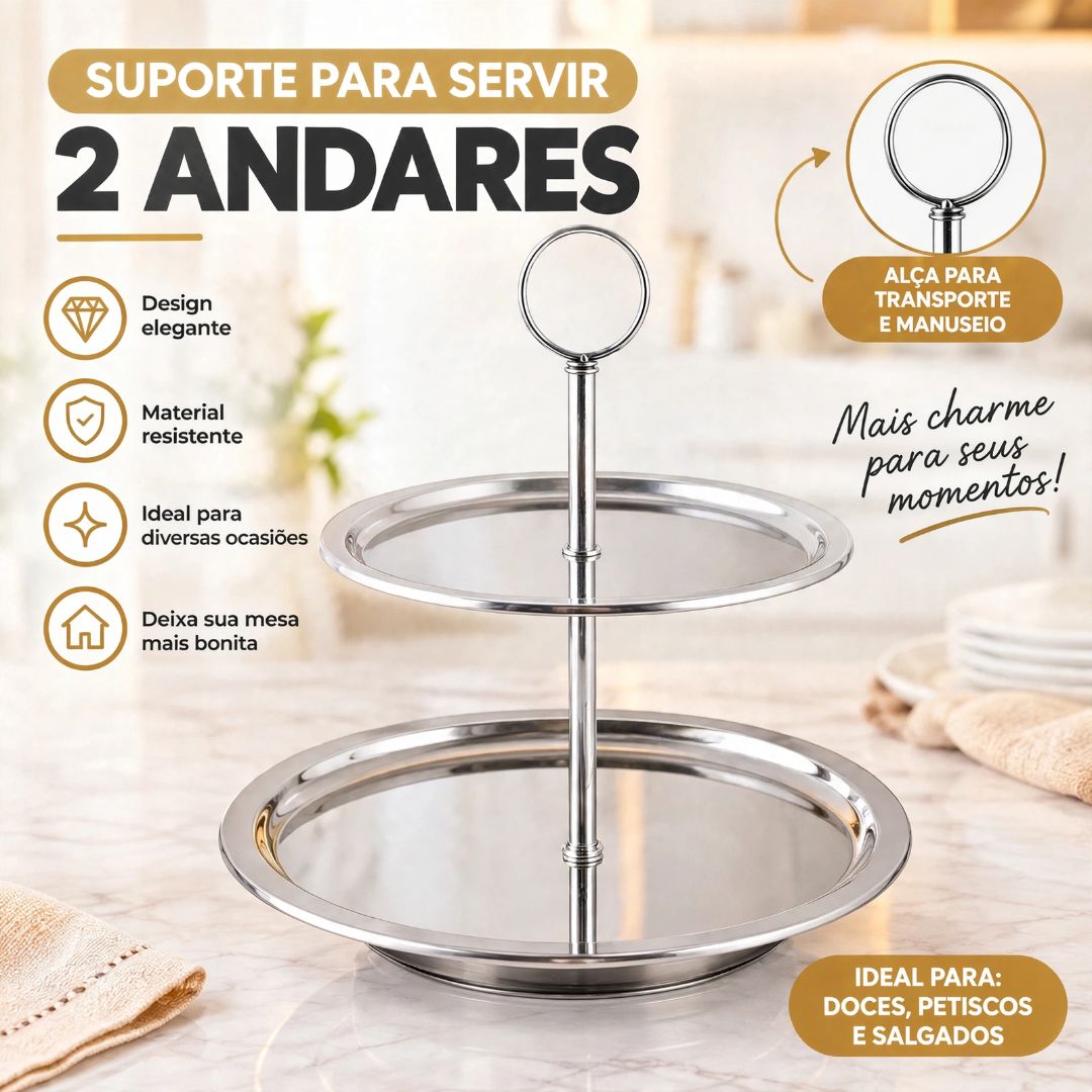 Suporte para Servir 2 Andares Inox Bandeja Doces Salgados Petiscos Festa Mesa Posta Decoração - Imagem 2