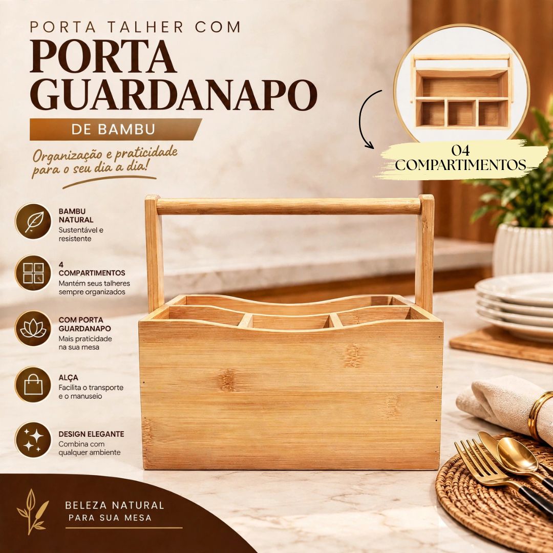 Porta Talheres de Bambu Porta Guardanapo 4 Compartimentos Suporte Alça Mesa Posta Cozinha - Imagem 2