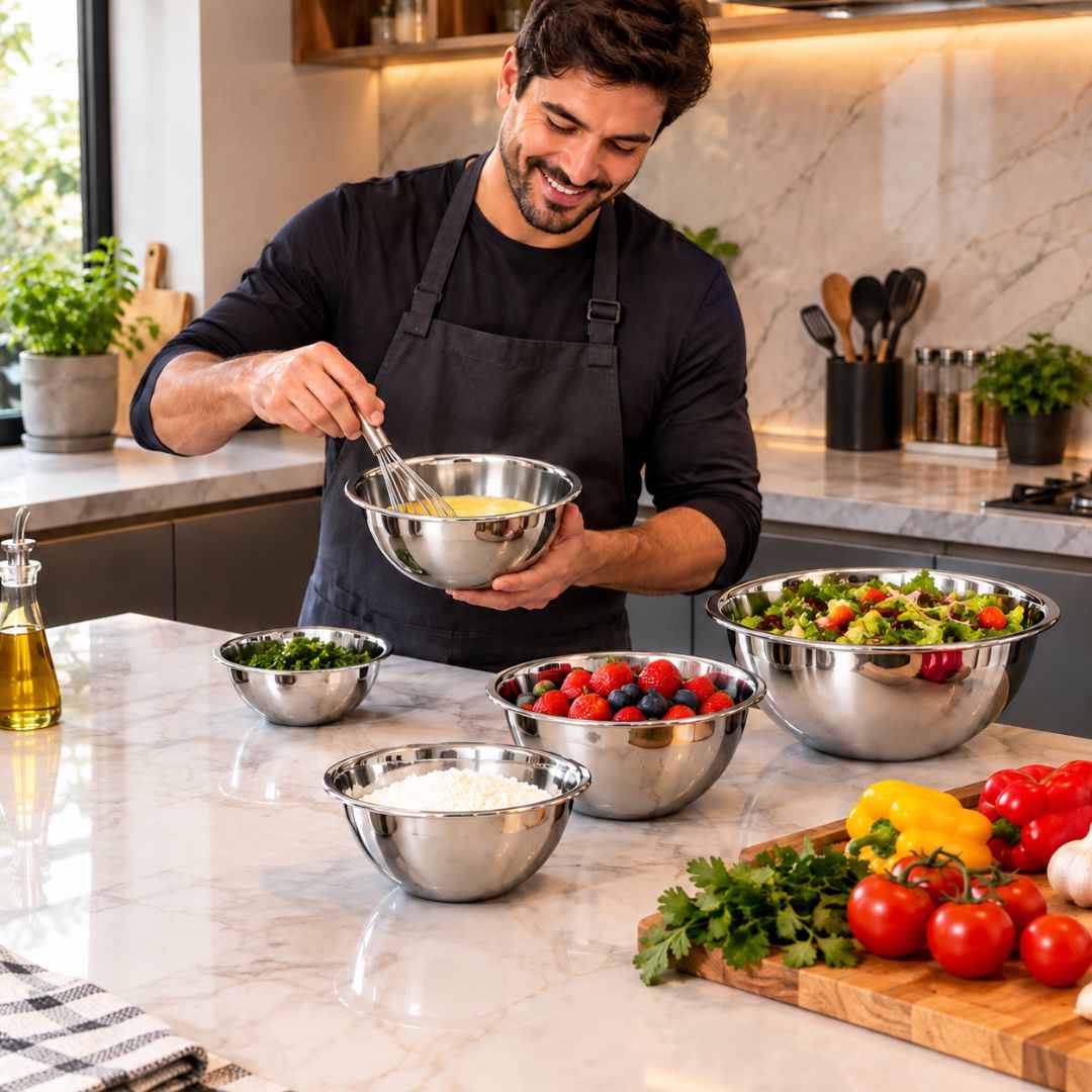 Conjunto de Bowls 5 Peças Aço Inox Servir Alimentos Cozinha Multiuso Tigelas Preparar Receitas - Imagem 3