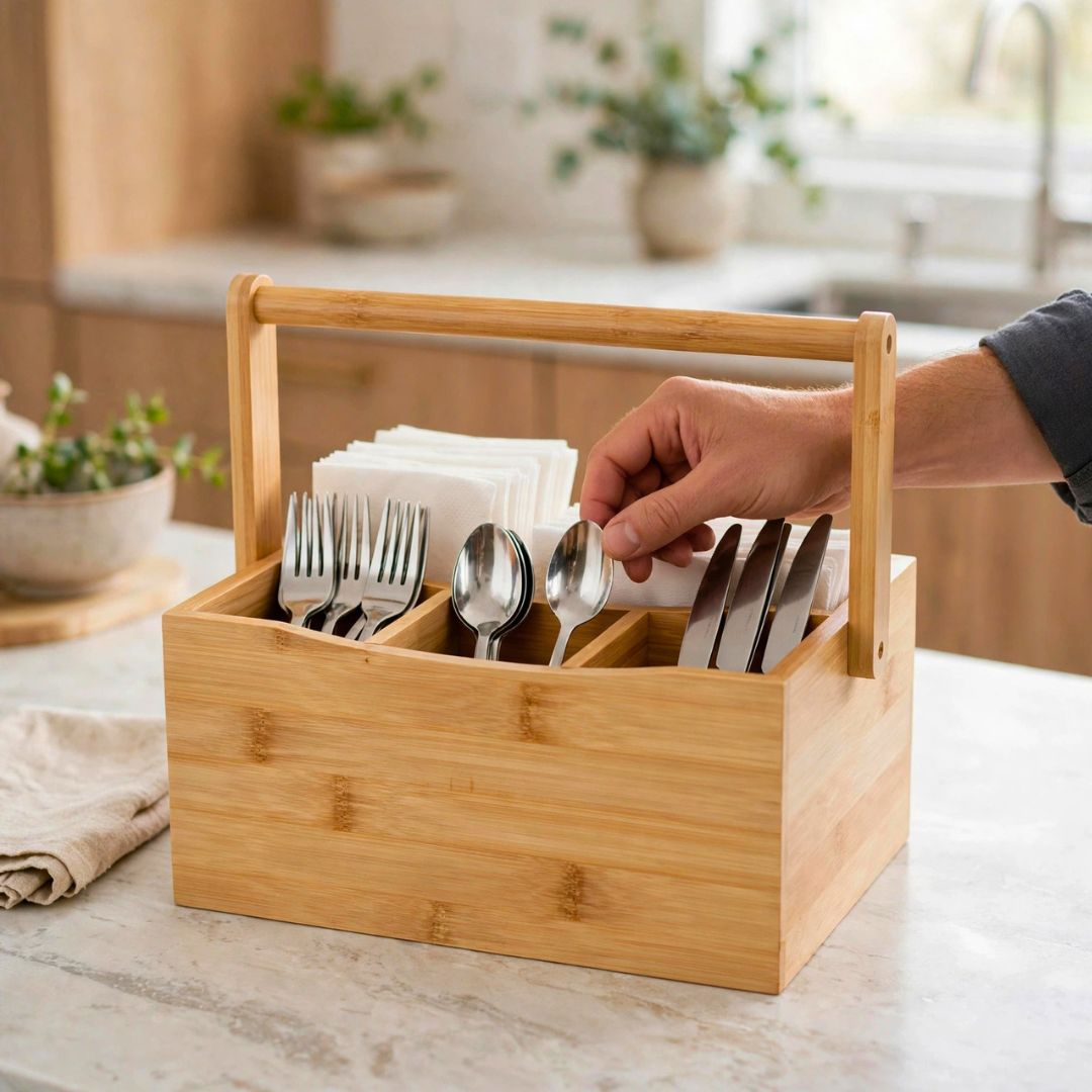 Porta Talheres de Bambu Porta Guardanapo 4 Compartimentos Suporte Alça Mesa Posta Cozinha - Imagem 3
