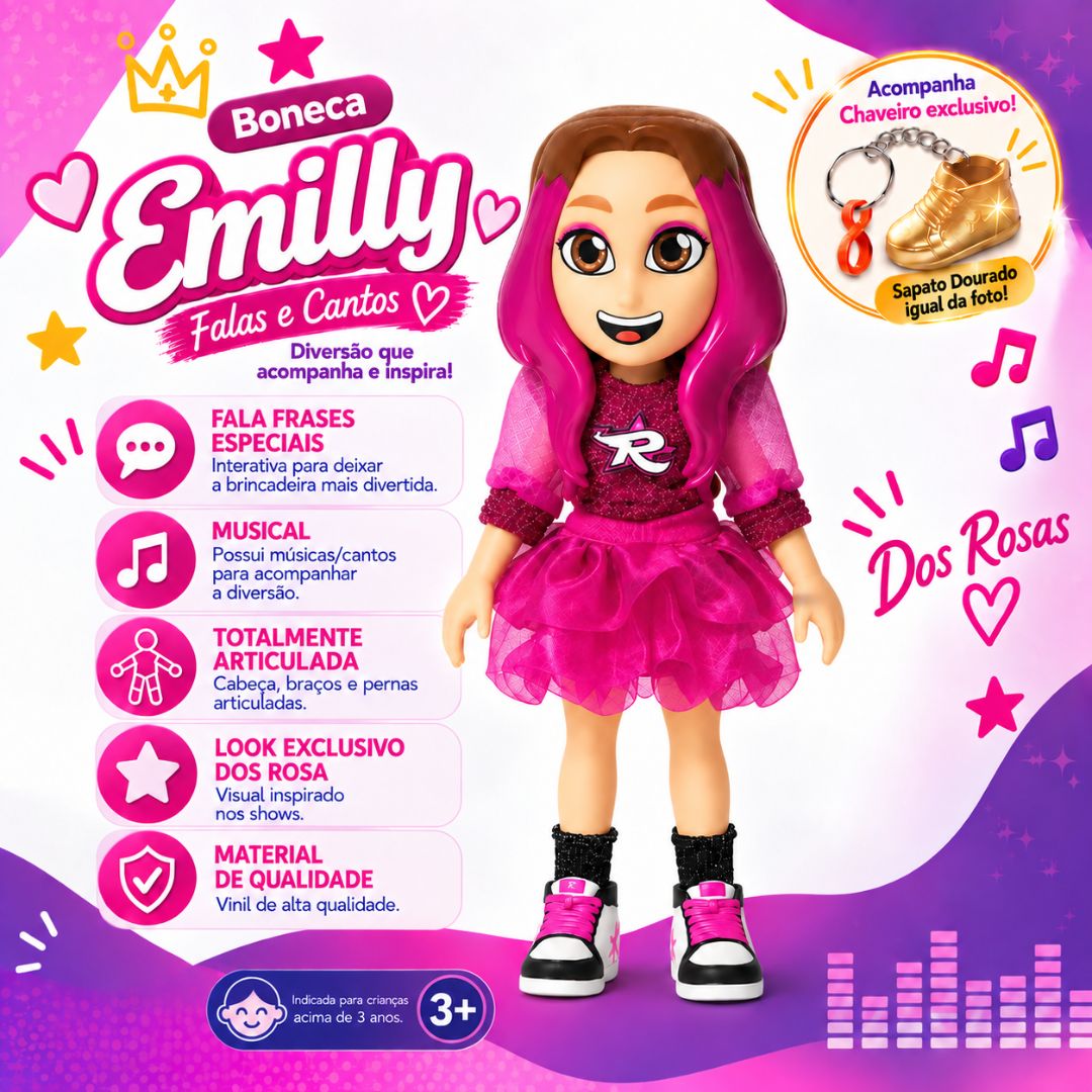 Boneca Emilly Vick Dos Rosas Musical Chaveiro Articulada Som Brinquedo Infantil Menina Brincar Youtuber Presente Criança - Imagem 2