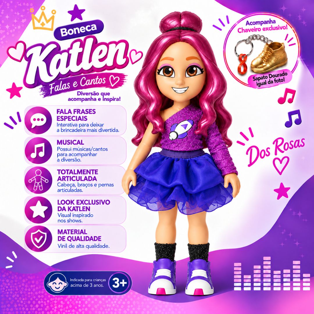 Boneca Katlen Dos Rosas Musical Chaveiro Articulada Som Brinquedo Infantil Menina Brincar Youtuber Emilly Vick Presente - Imagem 2