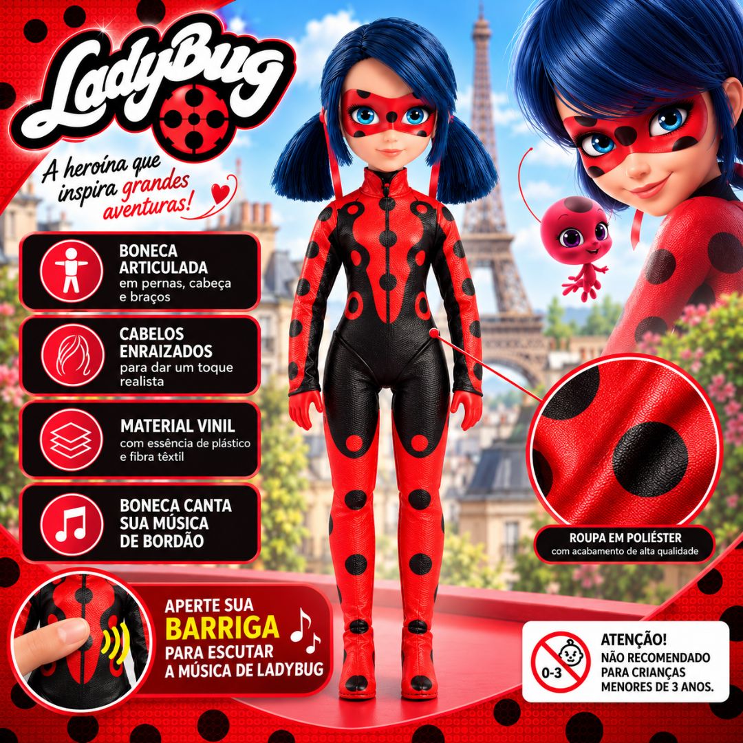 Boneca Miraculous LadyBug Musical Som Articulada Brinquedo Menina Infantil Presente Criança - Imagem 2